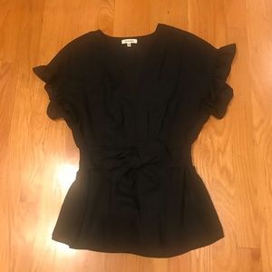 MAX STUDIO Black Ruffle Sleeved Tie-Waist V-Neck Top, Size Medium